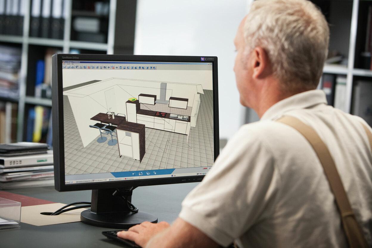 Planungsdarstellung am Computer durch Schreiner Planungsdarstellung einer Küche in 3D am Computer durch Schreiner